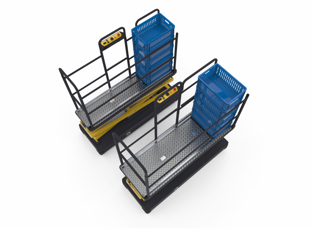 Qii-Lift F fust buisrailwagen oogstkar verschillende kist orientatie mogelijk different box orientation